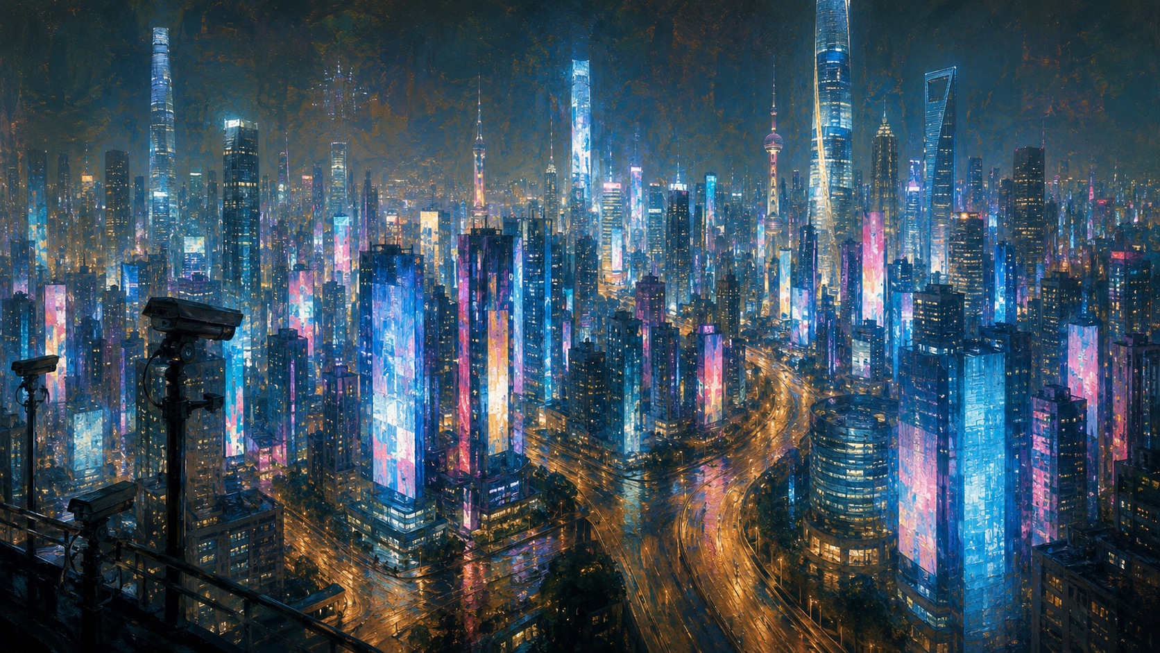 Skyline cyberpunk da cidade à noite