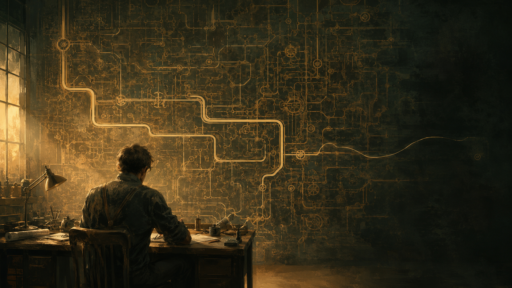 A solitary engineer facing a living machine of glowing pipes, one thread breaking into shadow